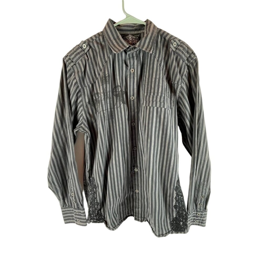 Roar Renegades Embroidered‎ Button Front Shirt Sz Large Mens Stripe Rock Punk